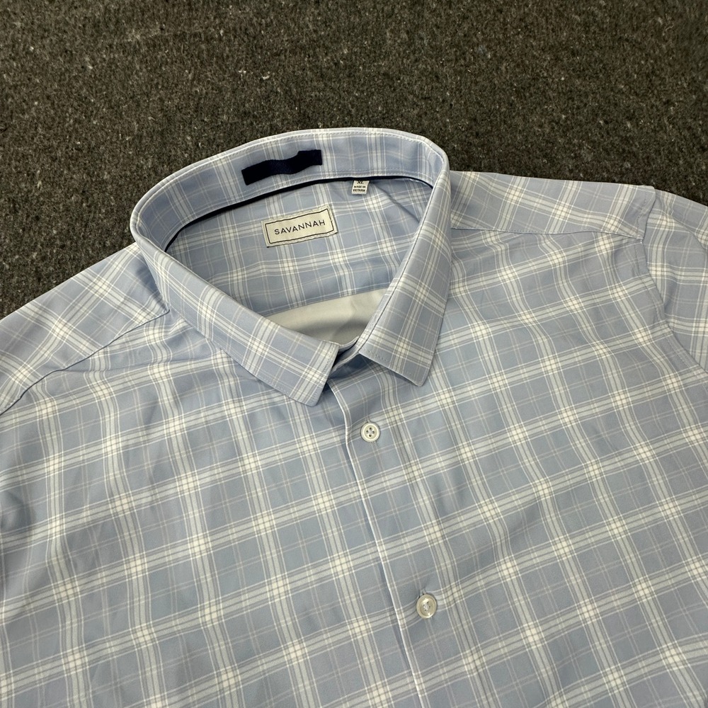 Savannah Button Up Shirt Mens XL Light Blue Plaid Performance Stretch Lng Sleeve